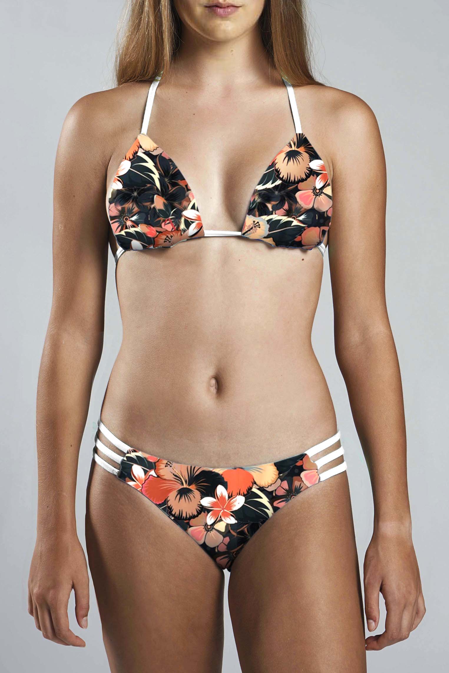 Strappy Bikini Bottom - CARAMEL HYBISCUS