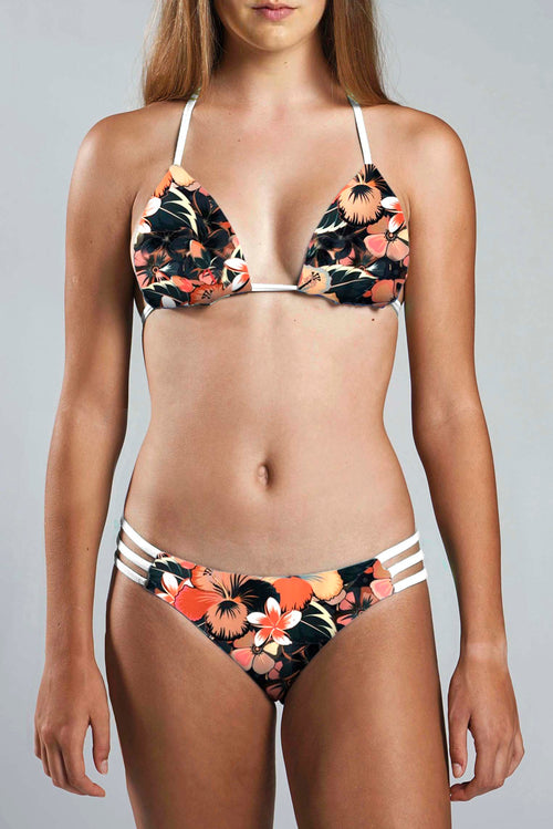 Strappy Bikini Bottom - CARAMEL HYBISCUS